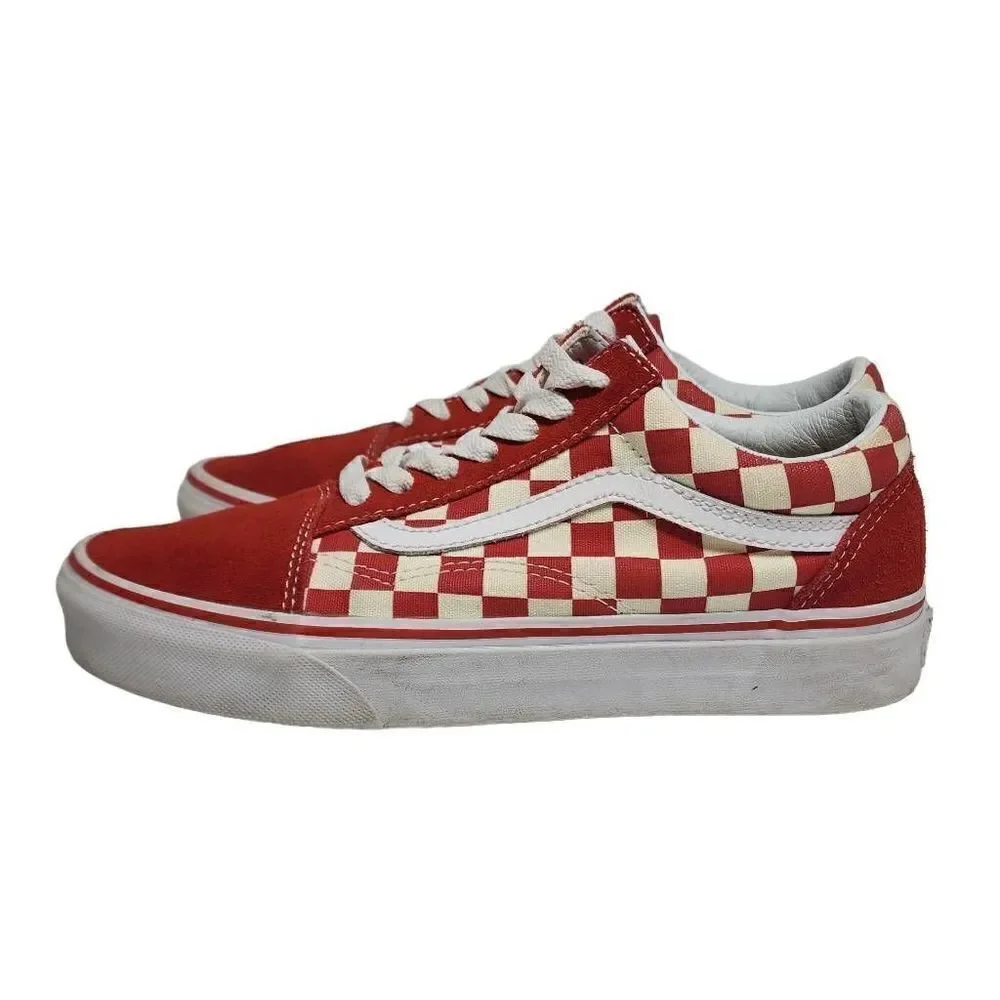 Vans Unisex Red Old Skool Checkerboard Suede‎ Low Top Skate Sneakers M5.5/W7